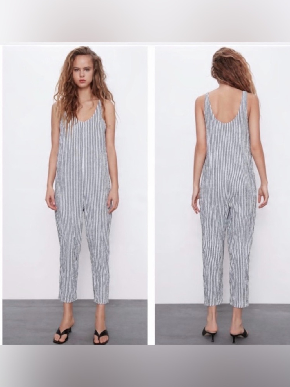 ZARA Dark Grey and White Textured Striped Sleeveless Jumpsuit - medium